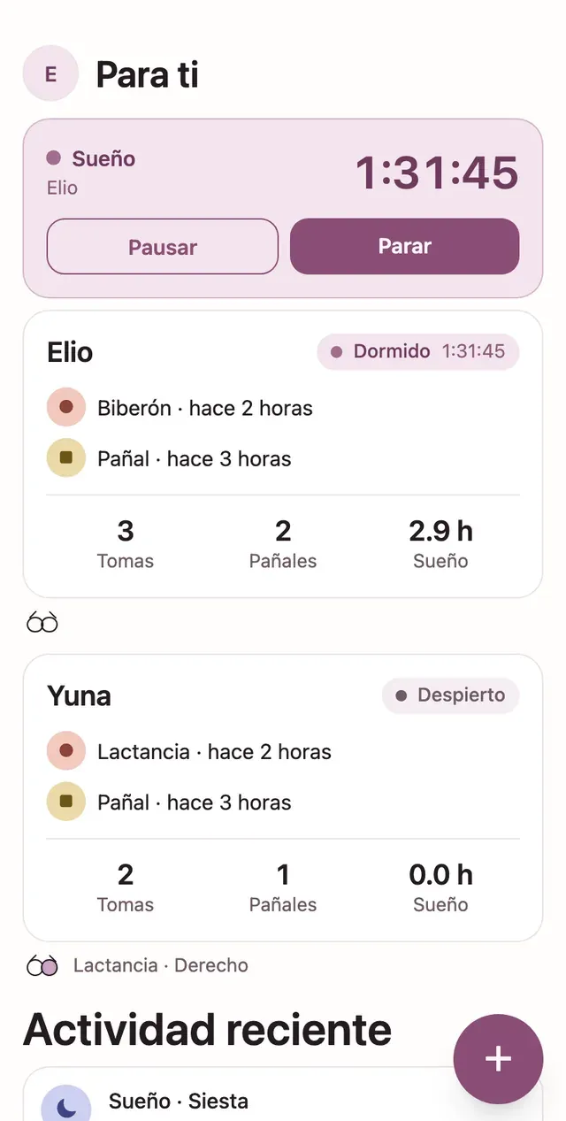 La pantalla de inicio de lindly con un temporizador de sueño en marcha y el estado por cada niño