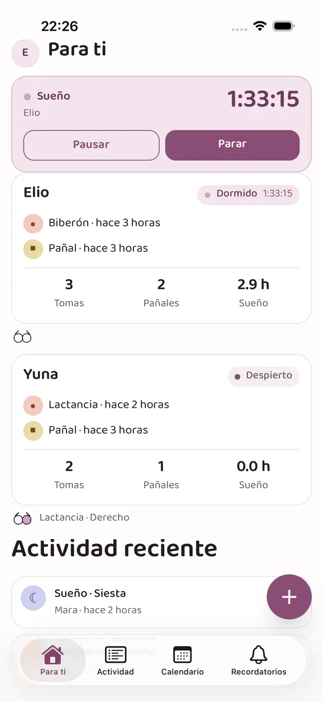 La pantalla de inicio de lindly con un temporizador de sueño en marcha y el estado por cada niño