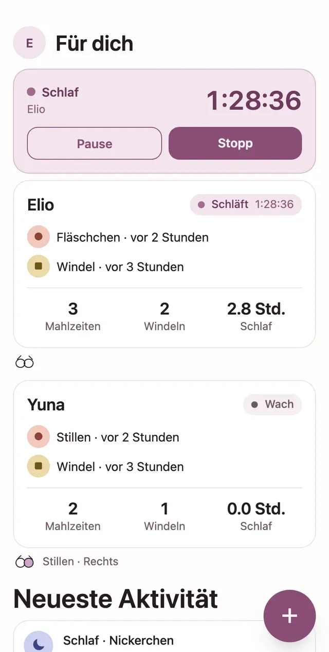 Der lindly-Startbildschirm mit laufendem Schlaf-Timer und Status pro Kind
